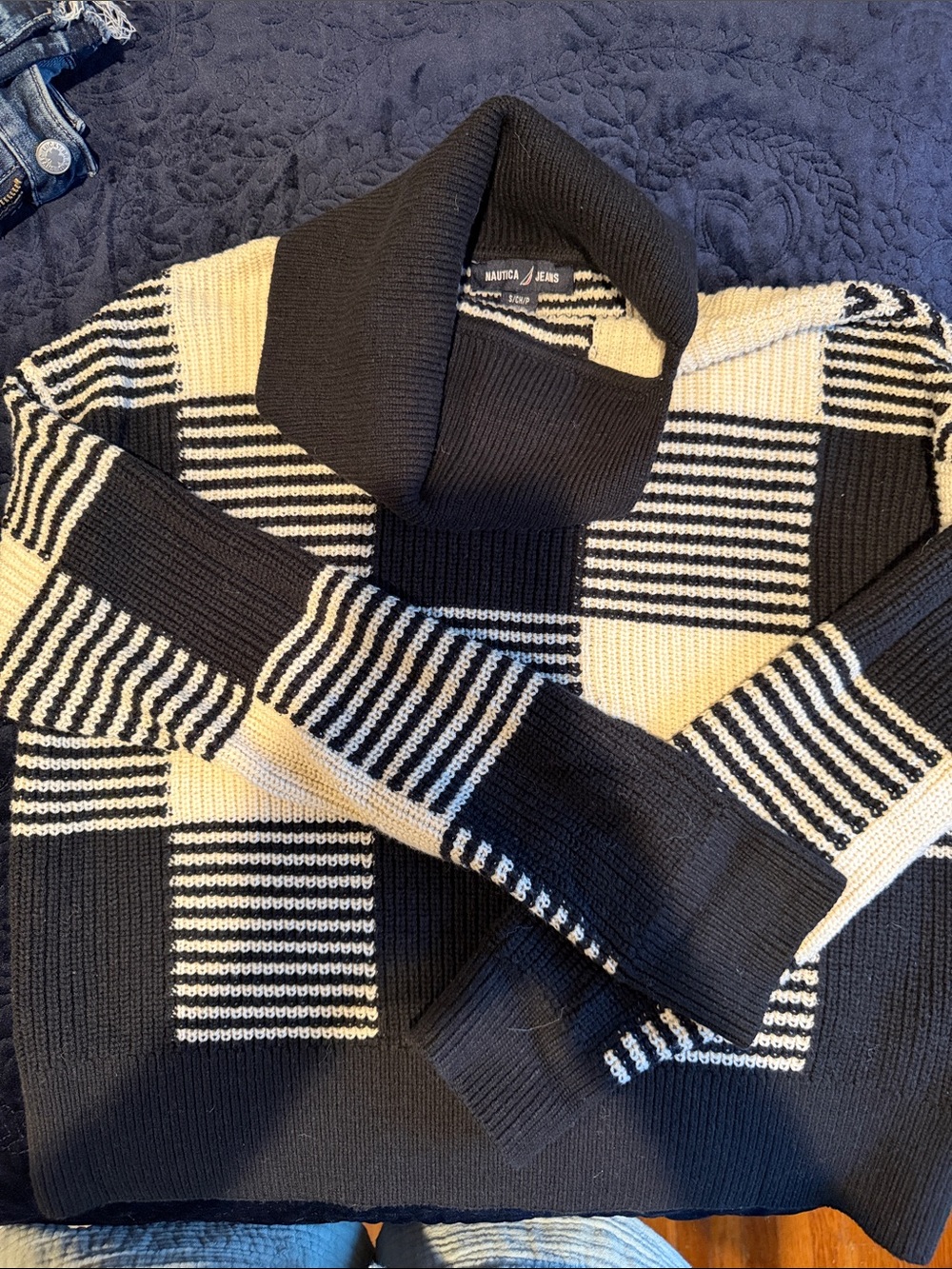Women’s Black and Cream Shawl Collar Sweater